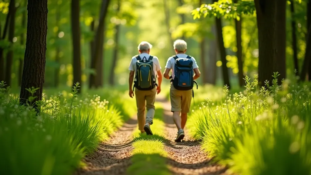 Seniori staigā pa meža taku vasaras saulē, zaļš apkārtējais